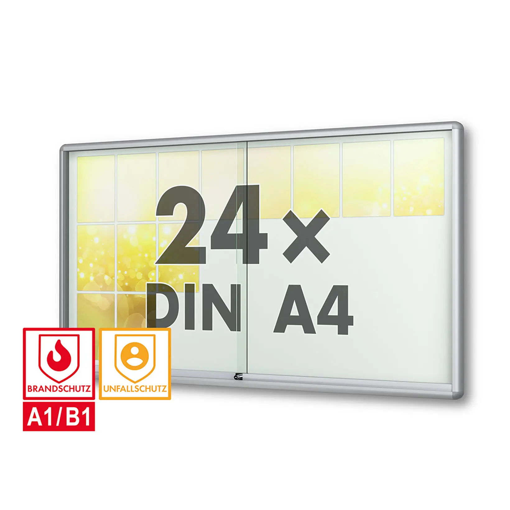 24 x DIN A4 Schaukasten Moveo - "die Schulvitrine" - 50 mm Bautiefe - mit Brandschutzklasse A1 - Rollengelagerte Schiebetüren✓ abschließbar✓ ESG-Sicherheitsglas✓